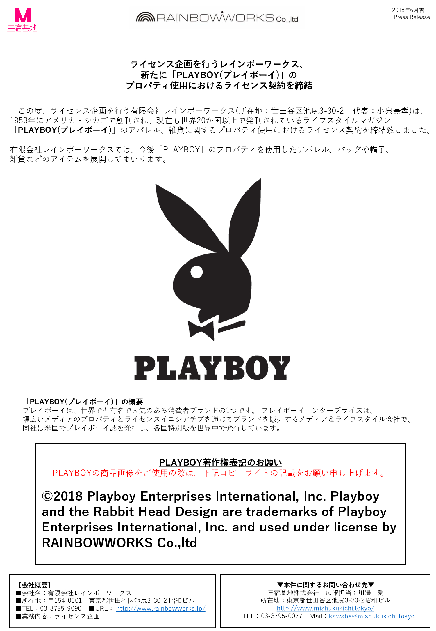 Playboyのプロパティ使用におけるライセンス契約を締結 Rainbowworks